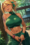  1girl 1girl 1girl abs ai_generated akali akali_(league_of_legends) arm_tattoo bangs bare_shoulders big_breasts blonde_hair blush bracelet breasts brown_eyes clothing crop_top dark-skinned_female dark_skin day earrings english_text gyaru hair_between_eyes hair_ornament hair_ribbon halterneck hoop_earrings jewelry jousneystudio league_of_legends long_hair looking_at_viewer midriff muscle nail_polish navel open_mouth original outside pants ponytail ribbon shirt shoulder_tattoo skirt sleeveless smile standing sweat tattoo text thighs tied_hair tree underwear yellow_eyes 