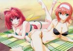  2girls :d ahoge akane_maniax arm_support ass bandeau barefoot beach beach_towel bikini black_bikini blush breasts butt_crack cleavage crossed_arms crossover erect_nipples feet flipped_hair front-tie_bikini front-tie_top green_bikini green_eyes groin hair_between_eyes hair_intakes hair_ribbon hairband hentai isono_satoshi kagami_sumika kimi_ga_nozomu_eien large_breasts legs_up light_smile long_hair low_ponytail lowleg lowleg_bikini lying multiple_girls muv-luv muvluv official_art on_side on_stomach open_mouth orange_hair outdoors pink_eyes plaid ponytail red_hair ribbon short_hair side-tie_bikini smile soles string_bikini suzumiya_akane swimsuit towel very_long_hair 