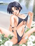 1girl akane_minori beach big_breasts bikini black_hair breasts cleavage clothing day female flower gaku-en_~nerawareta_chitai~ grey_bikini grey_swimsuit hibiscus outdoors short_hair solo swimsuit takaaki undressing water