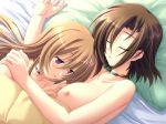  2girls bed between_breasts blush breasts brown_hair choker closed_eyes dutch_angle game_cg hinata_mutsuki hug kagami_yuuki long_hair lying medium_breasts multiple_girls nipples non-web_source on_back on_side onetama open_mouth pillow purple_eyes short_hair sleeping surprised takami_haruka topless yuri 