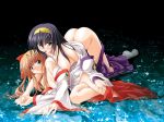 2girls ass bare_shoulders black_hair blonde_hair blush breasts brown_hair green_eyes hentai highres himemiya_chikane japanese_clothes jpeg_artifacts kannazuki_no_miko kurusugawa_himeko long_hair miko multiple_girls noritama_(gozen) thigh_grab yuri