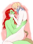 about_to_kiss batman_(series) blonde_hair blue_hair dc_comics earrings green_skin harleen_quinzel harley_quinn looking_at_another orange_hair poison_ivy scubabyy smirk white_skin