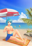 1girl ahoge beach blue_eyes blue_hair breasts female female_only grabbing grabbing_own_breast happy hentai high_res no_bra open_mouth original original_character short_hair shorts smile smiley_face solo