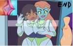 1boy 1girl 2_girls after_kiss alien alien/human alien_girl big_breasts black_hair blue-skinned_female blue_skin bodysuit buzz_lightyear buzz_lightyear_of_star_command chel clothed comic crossover dark-skinned_female dark_skin disney disney_channel dreamworks female_focus human interspecies kissing long_hair mira_nova nekomajinsama orange_hair pixar saliva saliva_string sweat the_road_to_el_dorado toon_disney toy_story yuri