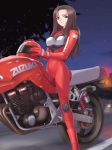 1girl after biker_clothes bikesuit black_hair bodysuit breasts brown_eyes cameltoe covered_nipples game_cg gloves ground_vehicle helmet highres long_hair medium_breasts mikkaichi_saori motor_vehicle motorcycle night outdoors red_bodysuit sky smile solo straddling tony_taka