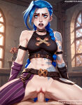  1boy 1girl 1girl abs ai_generated arcane arcane:_league_of_legends arcane_jinx arm_tattoo bangs bare_shoulders belt blue_eyes blue_hair blush braid breasts choker clothing cowgirl_position crop_top erection girl_on_top gloves hetero indoors jewelry jinx jinx_(league_of_legends) jousneystudio league_of_legends long_hair looking_at_viewer makeup male medium_breasts midriff muscle navel nipples nude on_top open_mouth penis ponytail pussy sex shirt shoulder_tattoo solo_focus spread_legs stomach straddling striped tattoo teeth thighs tied_hair twin_braids vaginal veins veiny_penis window 