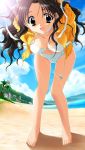  1girl barefoot beach bent_over bikini black_hair blue_eyes day feet game_cg kadoi_aya kakyuusei_2 long_hair outdoors photoshop_(medium) shirai_yuuri solo swimsuit watermark 