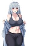 1girl 1girl absurd_res alluring bare_shoulders big_breasts black_legwear black_sports_bra blue_eyes breast_tattoo cleavage ethel_(xenoblade) female_only high_res hourglass_figure legwear long_hair looking_at_viewer midriff milf monolith_soft namu_(112namu) navel nintendo silver_hair sports_bra sweat sweatdrop sweating tattoo tights undressing very_long_hair wide_hips xenoblade_(series) xenoblade_chronicles_3 yoga_pants