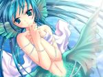  1girl aqua_eyes aqua_hair blush breasts earrings female_only hand_on_own_chest head_fins headfins hentai jewelry long_hair mermaid monster_girl nekou_izuru original pearls solo solo_female underwater wallpaper water 