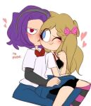  blonde_hair blue_eyes blush bonnie_(fnafhs) censored fnafhs fnafhs_z3ro joy_(fnafhs) looking_at_another looking_at_viewer one_eye_closed red_eyes rule_34 school_uniform tagme violet_hair 