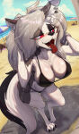 1girl 2024 3_toes absurd_res anthro artist_name bathing beach bedroom_eyes big_breasts bikini black_bikini black_nose breasts canid canid_demon canine carbonfloof censorship cloud convenient demon detailed_background ear_piercing eye_through_hair eyebrow_through_hair eyebrows eyelashes fangs feet female_only furry grey_hair hair half-closed_eyes hellhound helluva_boss hi_res inner_ear_fluff long_hair looking_at_viewer loona_(helluva_boss) mammal mythological_canine mythological_creature mythology narrowed_eyes notched_ear nude open_mouth open_smile outside parasol patreon red_eyes red_sclera sand seductive shower showering sky smile suds teeth toes tongue tongue_out translucent translucent_hair tuft two_piece_swimsuit umbrella water wet white_eyes