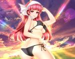  1girl 1girl absurd_res alluring alternate_costume arm_up ass ass_cleavage back bangs bare_thighs big_ass big_breasts bikini black_bikini black_swimsuit butt_crack cherche_(fire_emblem) detailed_background fire_emblem fire_emblem_awakening grass hair_ornament high_res long_hair looking_at_viewer looking_back nintendo outside panty_pull pink_eyes pink_hair red_eyes red_hair risovaka sideboob sky sunset swimsuit symbol-shaped_pupils teasing thighs under_boob violet_eyes violet_hair 