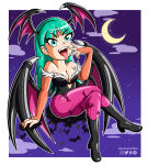 artist_request bat bat_wings boots cleavage cleavage_cutout crossed_legs darkstalkers green_eyes green_hair head_wings heeled_boots high_heels knee_boots long_gloves moon morrigan_aensland night night_sky open_mouth pantyhose sleeveless soycuscatleco stockings tongue tongue_out vampire_savior wings_on_head