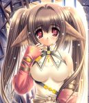  1girl animal_ears blush brown_hair cat_ears copyright_request detached_sleeves long_hair long_sleeves norita red_eyes solo twintails 