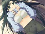 1girl bangs bed_sheet black_hair blush bow bow_bra bow_panties bra breasts cleavage covered_navel cowboy_shot crotch_seam dutch_angle embarrassed from_above game_cg green_eyes hands_on_own_chest hentai indoors lace lace-trimmed_bra lace-trimmed_panties lingerie long_hair long_sleeves looking_at_viewer lying midriff mitsumi_misato nakamura_takeshi no_pants on_back on_bed panties panties_under_pantyhose pantyhose parted_lips raised_eyebrows sakaki_shinobu shade shirt_lift sleeves_past_wrists solo tenshi_no_inai_12-gatsu thigh_gap thighband_pantyhose underwear undressing very_long_hair white_bra