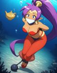  1girl ai_generated arms_tied_behind_back asphyxiation ball_and_chain blue_eyes bondage bound_ankles crackajack777 drowning female gag gagged magic_lamp over_the_mouth_gag peril pointy_ears purple_hair shantae shantae_(character) solo underwater wayforward 