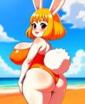 1girl 1girl ai_generated ass beach big_breasts blonde_hair blush brown_eyes carrot_(one_piece) female_focus furry one_piece rabbit_ears rabbit_girl rabbit_tail swimsuit