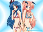  2girls bikini blue_eyes blue_hair blush bra breasts cleavage goshuushou-sama_ninomiya-kun hair_ribbon hentai holding_hand houjou_reika kyourinn_takanae lingerie long_hair multiple_girls pink_hair red_eyes ribbon swimsuit tsukimura_mayu underwear 