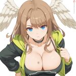  1girl 1girl 1girl alluring big_breasts big_breasts big_breasts black_jacket blue_eyes bra breast_tattoo brown_hair cleavage closed_mouth eunie_(xenoblade) female_only green_jacket hands_on_hips head_wings hood hood_down hooded_jacket jacket long_hair looking_at_viewer multicolored_clothes multicolored_jacket smile tattoo toned two-tone_jacket white_background white_wings wings xenoblade_(series) xenoblade_chronicles_3 zelc-face 