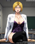 1girl 1girl 1girl ai_generated bangs bible_black big_breasts black_clothes black_legwear black_thighhighs blonde_hair blue_eyes blush bra breasts chair chalkboard classroom cleavage clothing coat collared_shirt covered_navel cross crossed_legs curvaceous desk earrings english_text female_only glowing_eyes huge_breasts hypnosis indoors jacket jewelry jousneystudio kitami_reika labcoat legwear lips lipstick long_sleeves looking_at_viewer makeup mature mature_female mind_control office office_lady on_desk open_clothes open_coat open_shirt parted_bangs parted_lips pencil_skirt pink_lips red_lips school_desk shiny_clothes shirt short_hair sitting sitting_on_desk skirt stockings thick_thighs thighs underwear white_shirt window