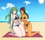 1girl 2_girls alluring anoneysnufftan applying_sunscreen banjo-kazooie banjo-tooie beach beach_towel bikini blue_eyes brown_hair crossover eastern_and_western_character edasbild elf_ears embarrassed female_only fire_emblem fire_emblem:_three_houses green_eyes green_hair green_iris hair_feather headdress humba_wumba humiliation killer_lotion long_hair massage native_american native_american_female native_laurentian nintendo ocean partially_clothed partially_clothed_female rareware rubbing sand seaside sky sothis_(fire_emblem) source_request summer sunbathing swimsuit towel turtle_islander