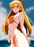  1girl accurate_art_style alluring big_breasts bikini bishoujo_senshi_sailor_moon blush bow female_only hair_ribbon high_res legs long_hair looking_at_viewer minako_aino navel orange_bikini ribbon small_breasts swimsuit thighs zengai 