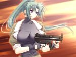  4:3_aspect_ratio artist_request asymmetrical_hair big_breasts blue_eyes blue_hair breasts female gun long_hair ponytail side_ponytail soul_link tied_hair weapon yamanami_yu 