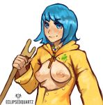  big_breasts blue_eyes blue_hair luce_(vatican) nipples open_clothes prayer_beads raincoat short_hair yellow_clothing yellow_raincoat 