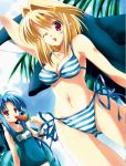  2girls arcueid_brunestud ariko_youichi bikini blonde_hair clothes_writing highres len_(tsukihime) multiple_girls one-piece_swimsuit school_swimsuit striped striped_bikini swimsuit tsukihime 