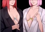  2_girls glasses karin_uzumaki lingerie naruto_shippuden open_clothes pink_hair red_hair sakura_haruno smirk suika_suigetsu wedding_ring 