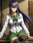 1girl 1girl 1girl ai_generated bangs big_breasts black_bow black_hair black_legwear black_thighhighs blush bow bowtie breasts busujima_saeko closed_mouth clothing green_sailor_collar green_skirt hair_between_eyes high_school_of_the_dead indoors jousneystudio legwear long_hair long_sleeves looking_at_viewer miniskirt pleated_skirt purple_eyes purple_hair saeko_busujima sailor_collar school_uniform serafuku shirt sitting skirt stockings thighs uniform white_shirt zettai_ryouiki