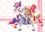  3girls albino animal_ears aoi_yuuji bell blonde_hair clover golden_eyes green_eyes kurohime_(puni_puni_handmaid) midriff nekomimi pochiko_(puni_puni_handmaid) puni_puni_handmaid purple_hair red_eyes tail thighhighs white_hair yellow_eyes yui_(puni_puni_handmaid) 