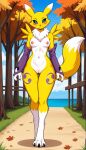  1girl 1girls 2024 ai_generated anthro black_sclera blue_eyes blush breasts canine curvy_female curvy_figure digimon digimon_(species) digitigrade female_only high_res innie_pussy looking_at_viewer nude nude_female outside pink_nipples pussy renamon seaside smile walking walking_towards_viewer white_fur wide_hips yellow_fur 