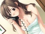  1girl blush breasts brown_eyes brown_hair cleavage corded_phone covered_nipples duplicate game_cg hashimoto_takashi impossible_towel kasuga_yoshino large_breasts long_hair naked_towel phone pixel-perfect_duplicate solo towel wet white_breath 