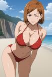 1girl accurate_art_style alluring androidparanoid bare_legs beach big_breasts bikini blue_sky brown_eyes brown_hair cleavage jujutsu_kaisen kugisaki_nobara nobara_kugisaki ocean orange_hair pin_up posing solo wink