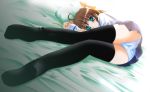  1girl asakura_nemu ass bed black_legwear black_thighhighs blush brown_hair da_capo da_capo_i feet green_eyes hair_ribbon hentai highres legs lying on_side otoki_raku panties pantyshot pantyshot_(lying) pleated_skirt ribbon school_uniform serafuku short_hair skirt solo thighhighs underwear upskirt white_panties 