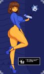 1girl 1girls 2d blue_heels blue_sweater brown_hair commission frisk high_heels high_heels human human_female humanoid looking_at_viewer shy_jaz standing sweater temmie temmie_(undertale) text undertale undertale_(series) yellow_body