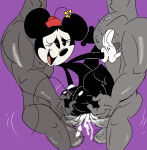  1girl 1girl 2boys anthro cum_inside disney double_penetration etching175 furry male minnie_mouse partial_male purple_background rodent 