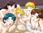  1girl 5girls ami_mizuno apple_pie_(artist) bishoujo_senshi_sailor_moon bow bukkake censored cum cum_on_face female_focus handjob harem makoto_kino male minako_aino nude penis pov rei_hino small_breasts usagi_tsukino 