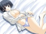 1girl artist_request asou_asuna barefoot bed black_eyes black_hair blue_panties blush bob_cut breasts cleavage dress_shirt duplicate hentai large_breasts long_sleeves lying navel on_back open_clothes open_shirt panties shirt short_hair solo striped striped_panties tenshi_no_inai_12-gatsu underwear