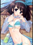 1girl absurdres areola bikini black_hair blue_eyes blush bottle breasts brown_hair cleavage dengeki_moeou front-tie_top hair_ribbon hairband hentai highres long_hair lying open_clothes open_shirt original ribbon scan shirt side-tie_bikini side-tie_bikini_bottom small_breasts solo striped striped_bikini striped_swimsuit swimsuit untied urotan wet wet_clothes