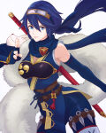  1girl absurd_res alluring blue_eyes blue_gloves blue_hair blue_scarf brand_of_the_exalt closed_mouth commentary detached_sleeves english_commentary eyelashes fingerless_gloves fire_emblem fire_emblem_awakening fire_emblem_heroes forehead_protector gloves hair_between_eyes high_res japanese_clothes kitsune_mask kuji-in kunai long_hair looking_at_viewer lucina lucina_(fire_emblem) lucina_(ninja)_(fire_emblem) mask mask_on_shoulder mouth_mask ninja ninja_mask nintendo official_alternate_costume ponytail scarf single_bare_shoulder symbol_in_eye truejekart very_long_hair weapon white_background 