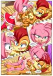 1girl 2_girls amy_rose anthro ass barefoot bbmbbf bed blush breast_sucking breasts comic female/female female_only mobius_unleashed multiple_girls nipples nude palcomix pussy sally_acorn sega sega sex sonic_the_hedgehog_(series) who_is_your_daddy_(comic)