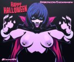 1girl 1girls 2024 big_breasts black_background blue_eyes blue_hair breasts cape chickpea color colored dark_background digital_drawing_(artwork) english_text exposed_breasts female_only halloween jenny_(chickpea) looking_at_viewer nipple_piercing nipples open_mouth original original_character short_hair standing text tongue_out tongue_piercing vampire vampire_girl vampire_teeth