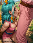 1boy 1girl 1girl ai-created ai_generated aqua_hair bare_shoulders belt big_breasts blue_eyes blue_hair blush braid braided_ponytail breasts brown_gloves bulma_brief cleavage clothing day deepthroat dragon_ball dragon_ball_super dragon_ball_z english_language english_text fellatio flower gloves grass hair_ornament hair_ribbon hetero jousneystudio long_hair male miniskirt mole mole_on_breast oral outside penis ribbon scarf skirt sky solo_focus testicle text thighs tied_hair tree uncensored