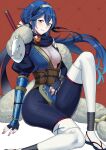  1girl alluring ameno_(a_meno0) blue_eyes blue_hair cleavage fire_emblem fire_emblem_awakening fire_emblem_heroes fishnets hairband looking_at_viewer lucina lucina_(fire_emblem) lucina_(ninja)_(fire_emblem) ninja nintendo see-through see-through_clothing small_breasts thick_thighs thighs 