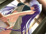  between_breasts blue_eyes clover_(company) game_cg huge_breasts light-skinned_female long_hair megane nishima_yukiko panties puni_puni_handmaid purple_hair shirt_lift table_sex visual_novel 