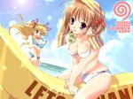  2girls banana bikini blonde_hair breasts food fruit galge.com girl_on_banana green_eyes hentai hips mikeou multiple_girls nipple_slip nipples purple_eyes ribbon swimsuit tongue towel wallpaper wide_hips 