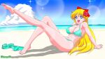 1girl 1girl alluring bare_legs barefoot beach bikini bishoujo_senshi_sailor_moon blonde_hair blue_eyes blue_sky gif high_heels_removed kiyopy56 long_hair minako_aino ocean pin_up sailor_venus winking