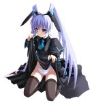 1girl android animal_ears black_legwear black_thighhighs blue_eyes blue_hair bunny_ears dress dress_lift fake_animal_ears gynoid hentai kasumi_yashiro muv-luv muvluv necktie panties shingo_(missing_link) sitting skirt skirt_lift solo striped striped_panties thighhighs twintails underwear uniform yashiro_kasumi